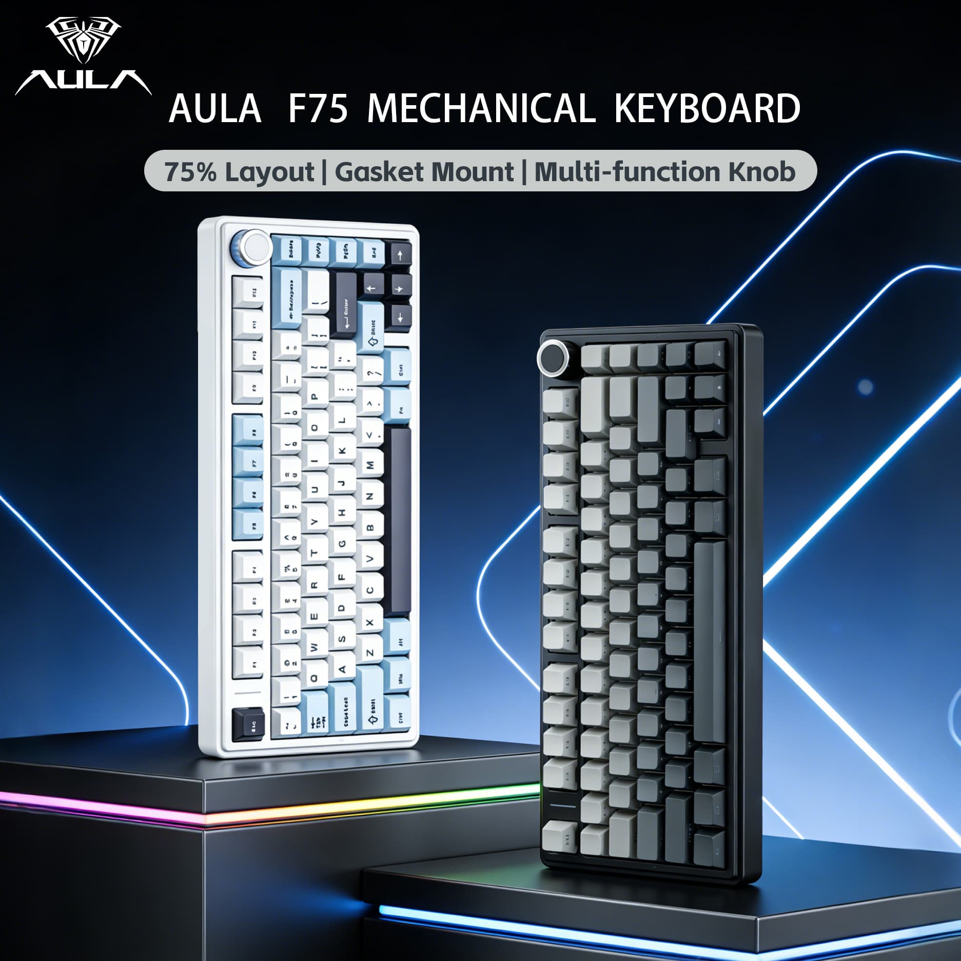 Teclados AULA F75 - Teclado mecânico 3 modos (Bluetooth/2.4G sem fio/com fio), layout 75%, hotswap, gaxeta PBT, RGB,