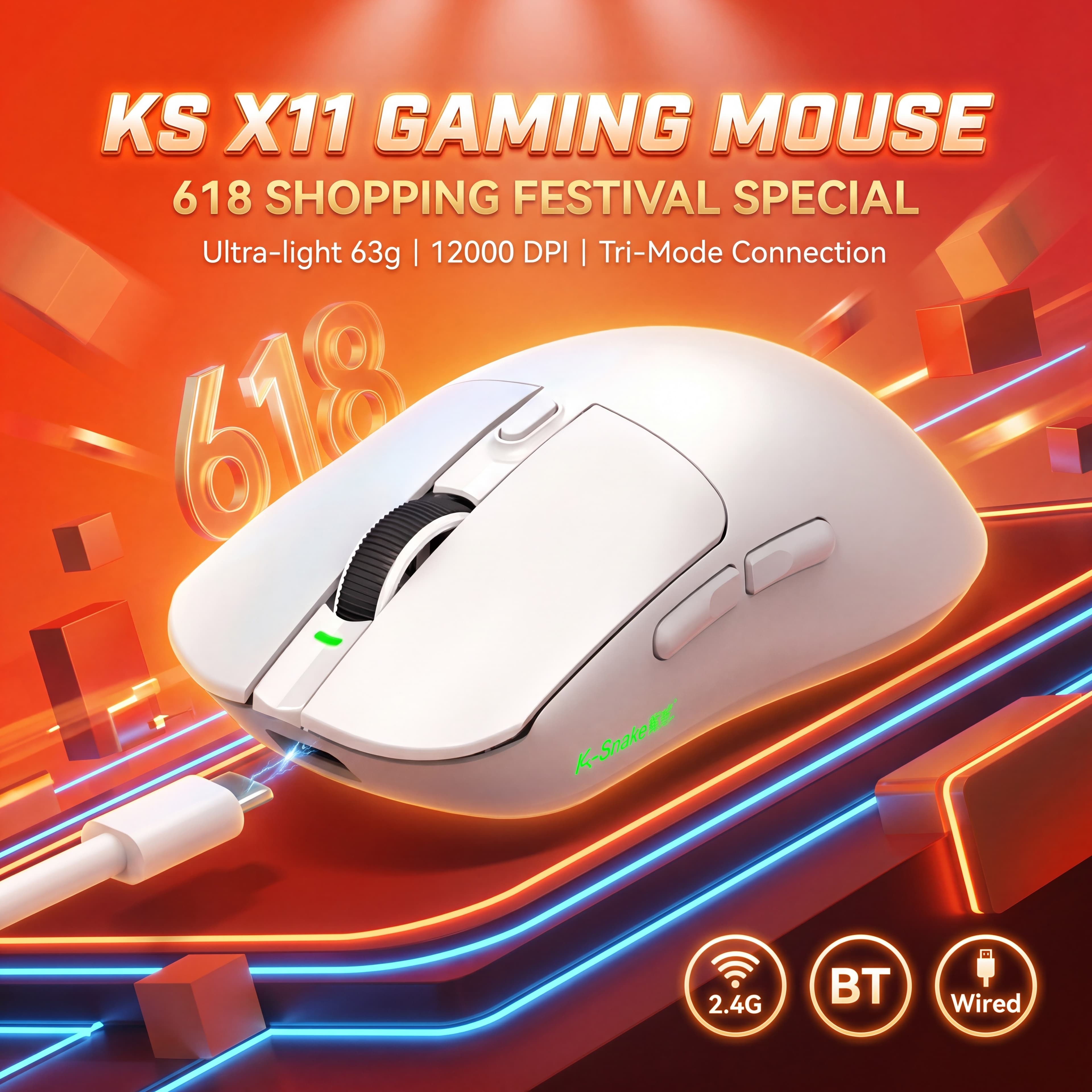 Mouse Gamer Tri-Modo 63 g±3 g, 7 Botões, DPI Ajustável 800-12000, Sem Fio 2,4G/Bluetooth/Com Fio, Bateria 300 mAh