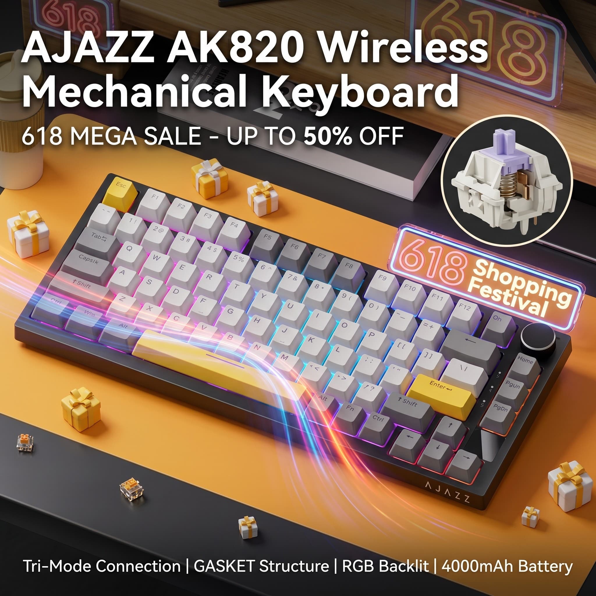 Teclado Mecânico Sem Fio Tri-Mode AK820 da AJAZZ, Estrutura de Gaxeta, Teclado Completo, Troca a Quente de 3/5 Pinos,