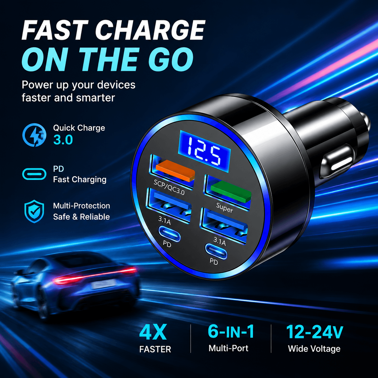 Plugue conversor de isqueiro de 6 portas para carro com carregamento super rápido, adaptador de carregador veicular