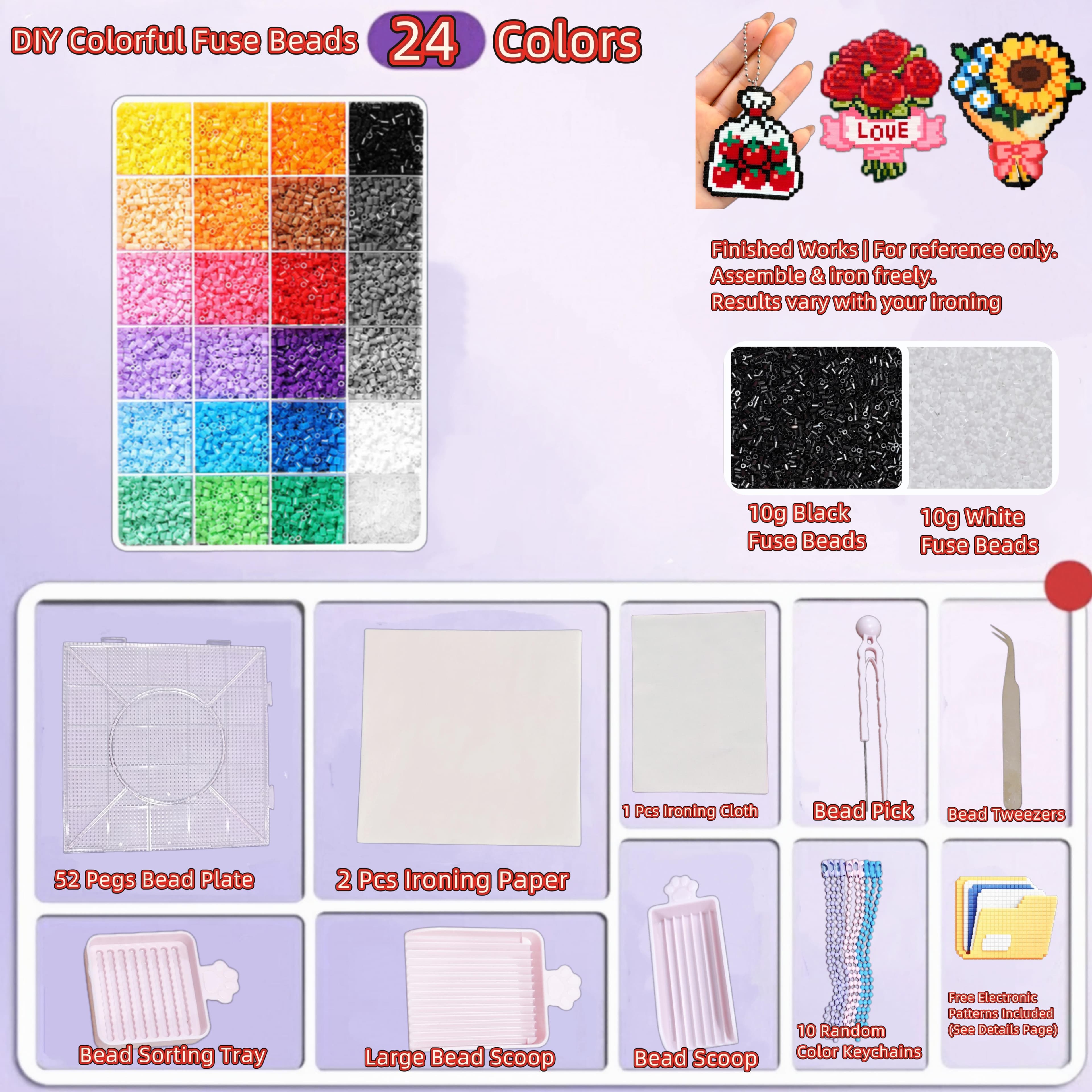 Kit de Contas de Fusível de 24 Cores Sortidas, Kit Completo de Ferramentas para Arte Pixel Divertida, Presente de