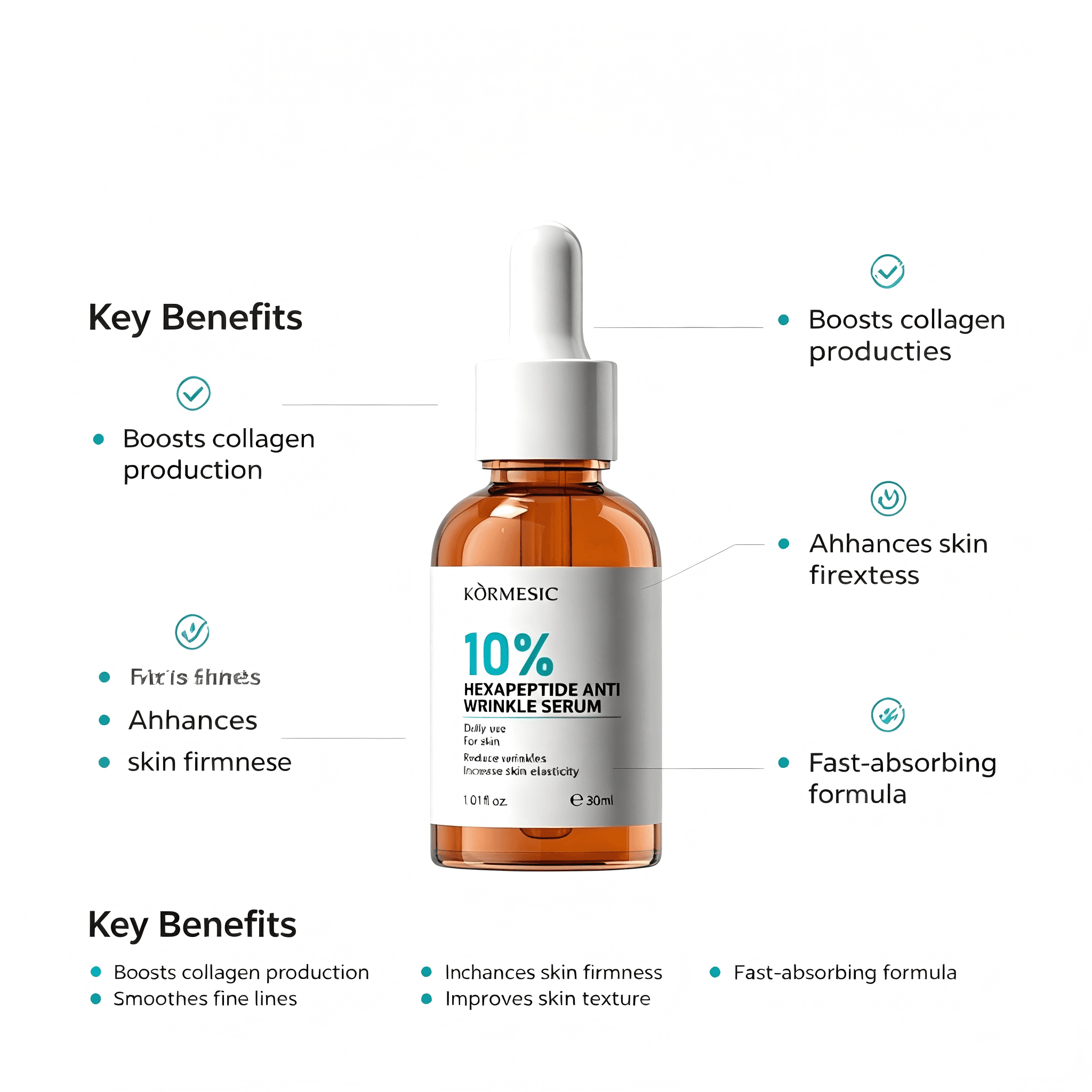 Antirrugas KORMESIC 10% Hexa - Anti-idade, Firmeza e Elasticidade, Rosto 30ml, conjunto de cuidados com a pele