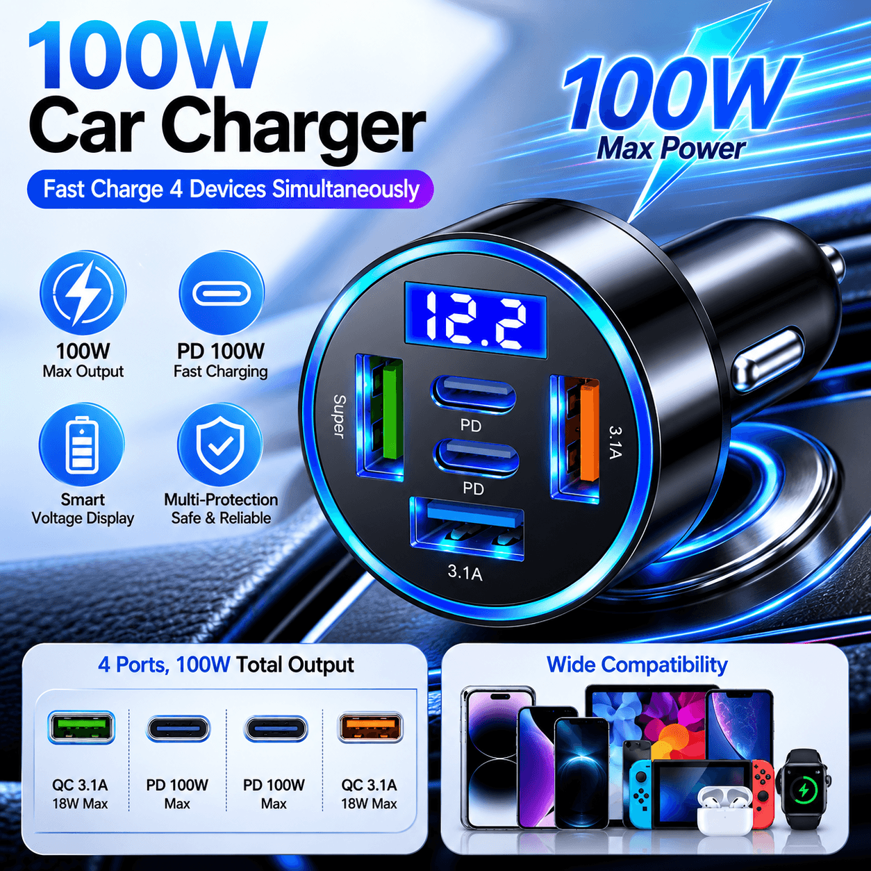 Carregadores USB DC1224V 5 Portas Plugue Rápido Para Carregador De Carro