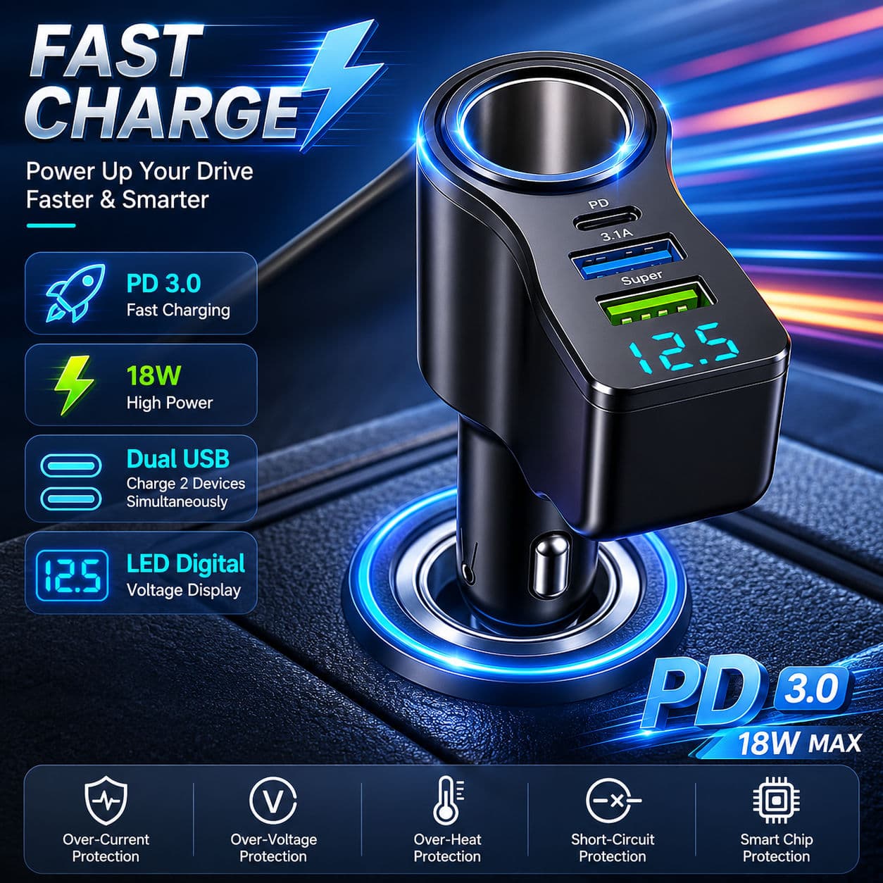 Adaptador de energia multifuncional de 4 portas 66W para isqueiro de carro, carregador rápido de telefone veicular USB