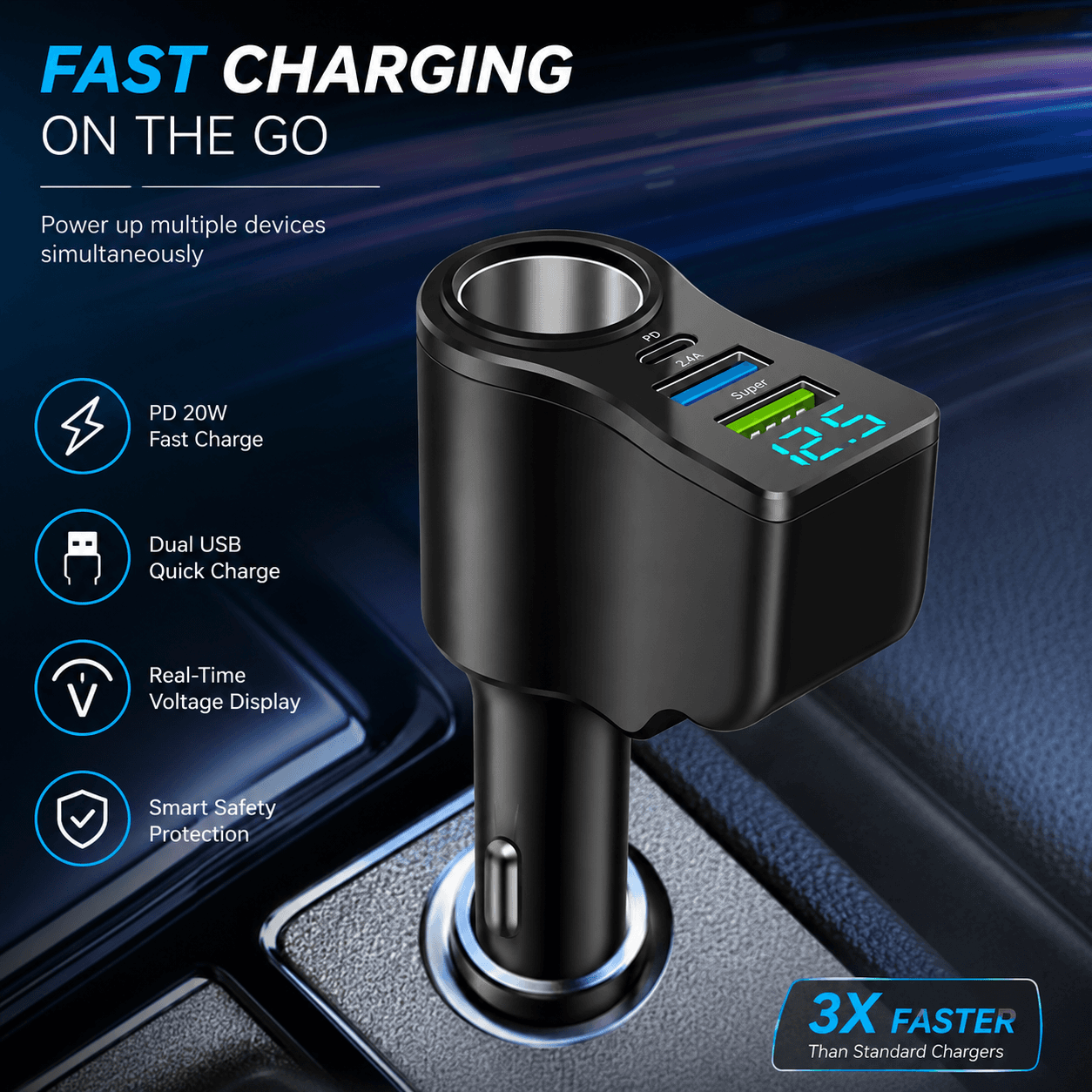 Carregador Veicular USB PD 4 Portas 66W com Display Digital, Carregamento Rápido 3.1A para iPhone e Huawei