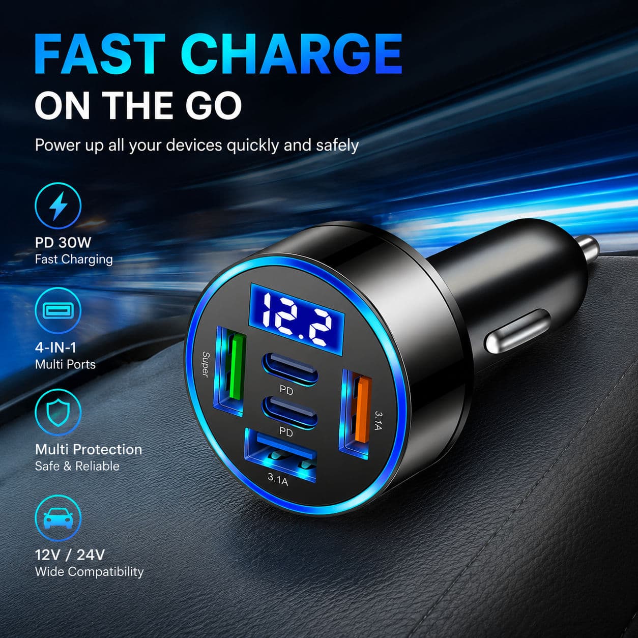 Adaptador Carregador Veicular USB-C 5 portas 100W com 3 portas USB e 2 portas PD para iPhone, Huawei, Samsung e Xiaomi
