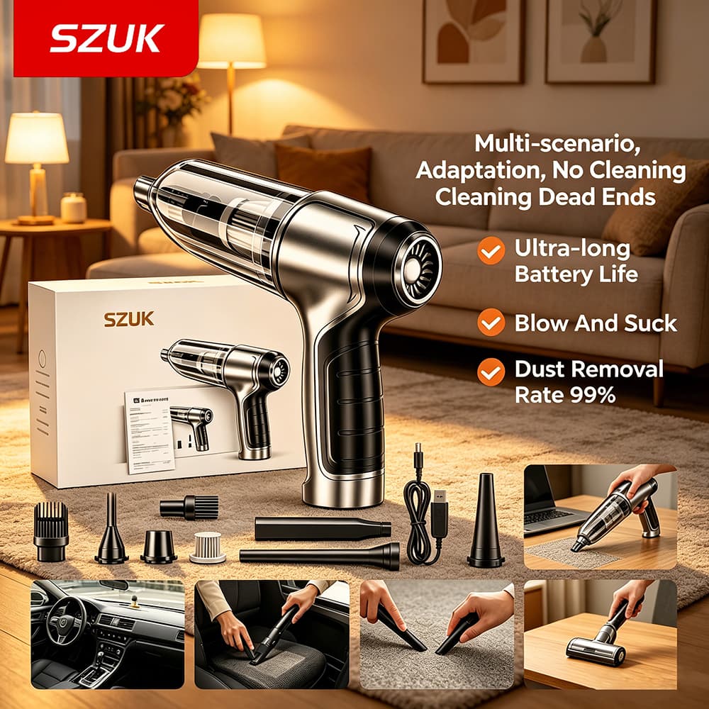 Aspirador de Pó Portátil para Carro SZUK, Portátil, Sem Fio, Sucção Potente, Alta Potência, Baixo Ruído, Coletor de Pó