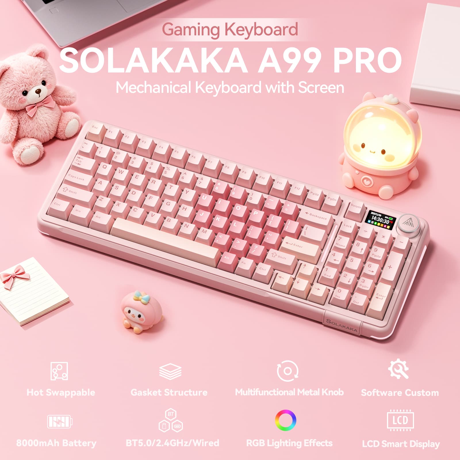 SOLAKAKA A99PRO Teclado Mecânico Tri-Modo com Tela LCD Inteligente, Troca a Quente, RGB, Teclado Gamer 8000mAh