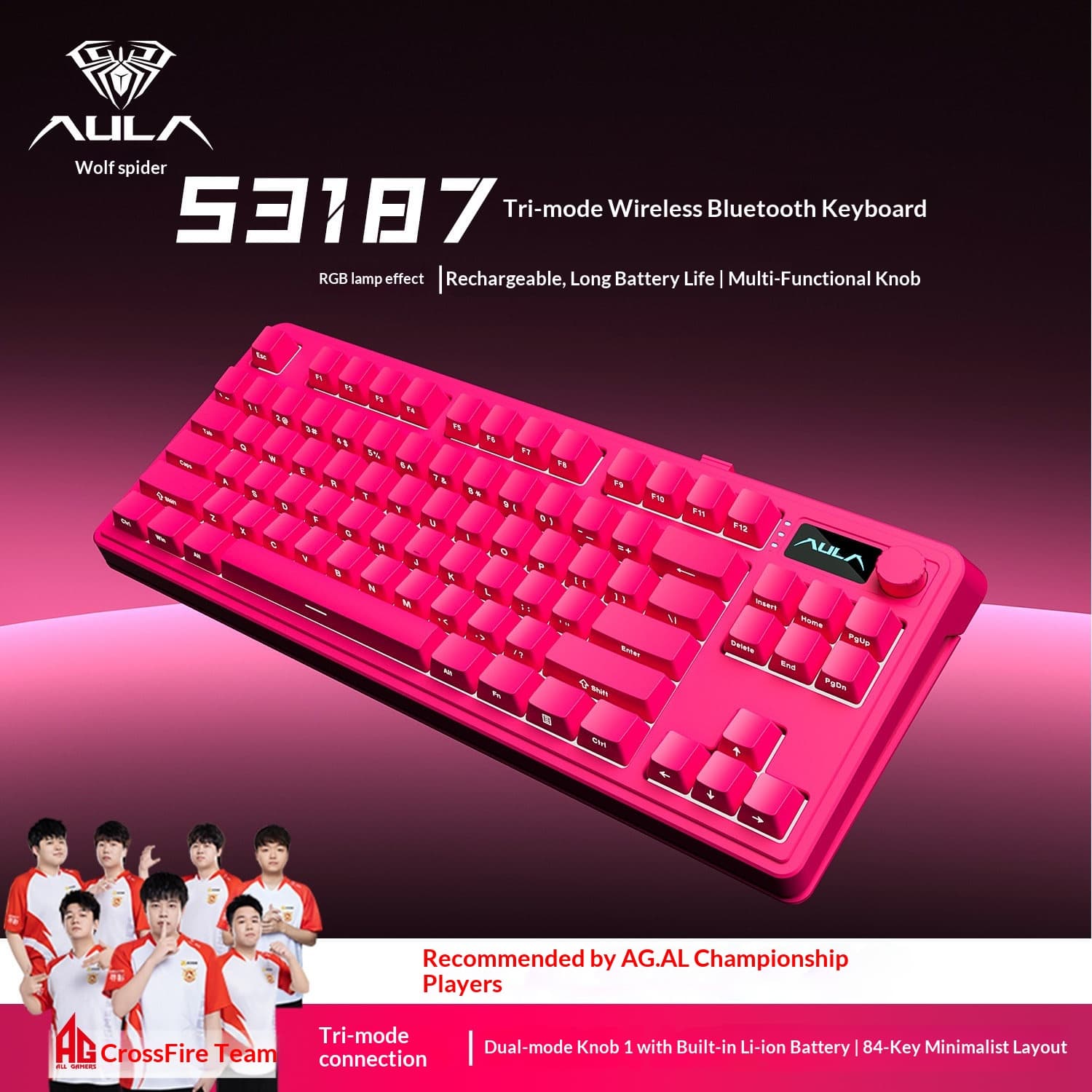 Teclado sem fio tri-modo AULA S3187 87 teclas, Bluetooth/2.4G/com fio, teclado mecânico RGB com luz de fundo para