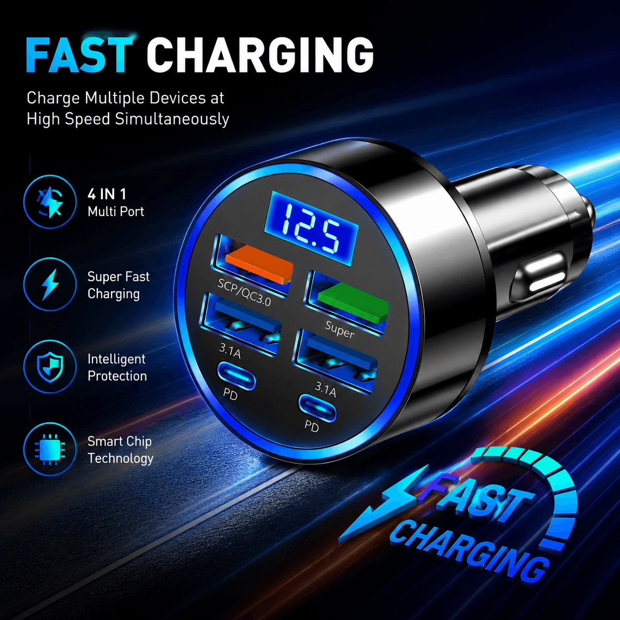 Carregador Rápido Para Carro 66W 6 Em 1 Com 4 Portas USB 2 Tipo C-Carregadores