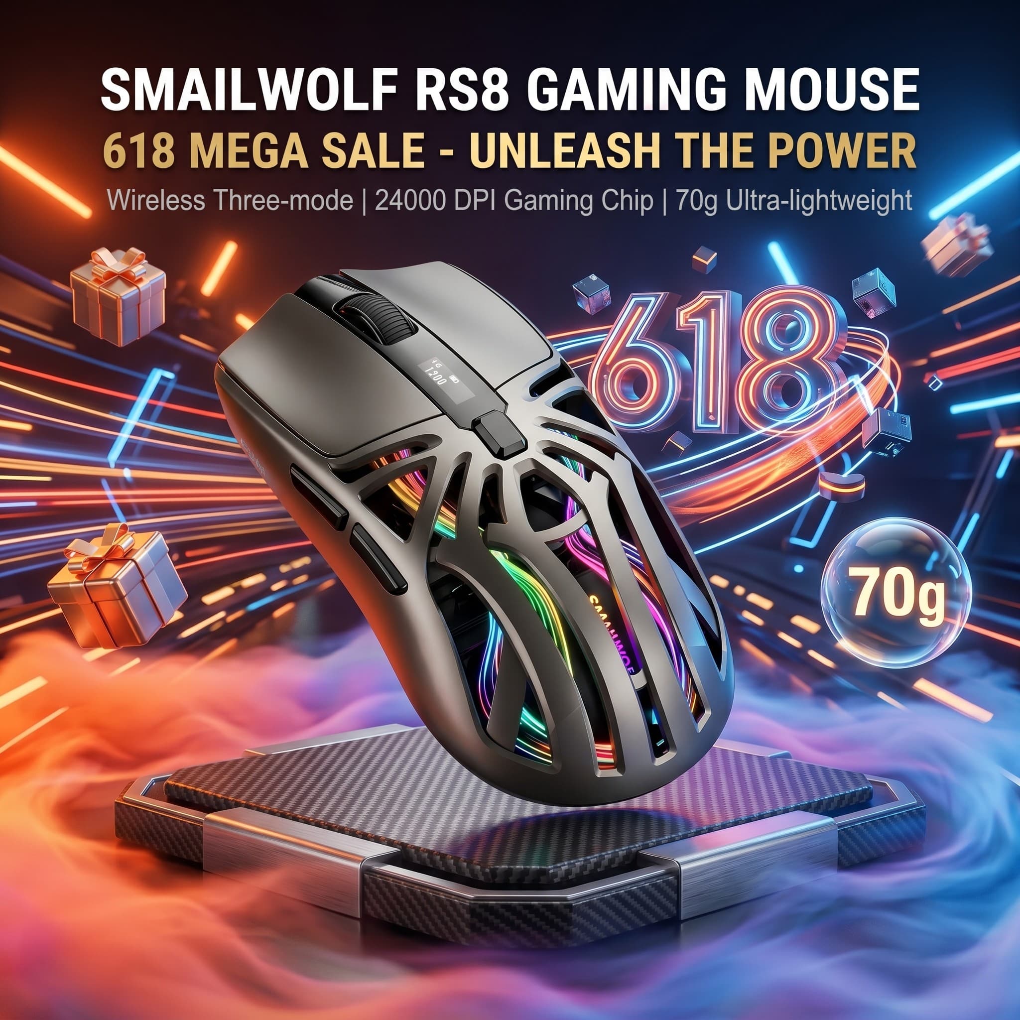SMAILWOLF RS8 6 Chaves Mouse Gaming Tri-Modo Chip Sensor Profissional 1200-24000 DPI Ajustável 2.4G Bluetooth5.1 Sem Fio