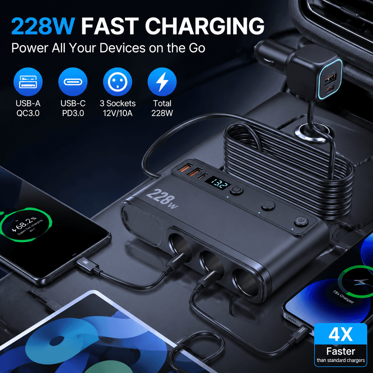 Adaptador Carregador Rápido Veicular 12V-24V 228W, Carregador de Celular Automotivo Multifuncional com 3 Tomadas e