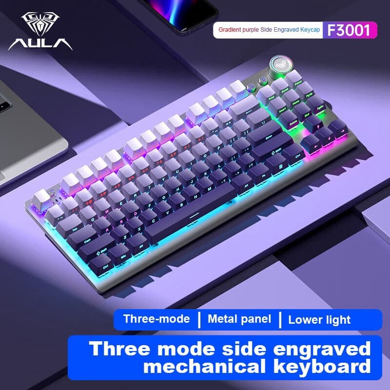 Teclado Mecânico F3001, Tri-Modo (Bluetooth, 2.4G Wireless, Com Fio), Retroiluminado RGB, Troca Quente, Teclado