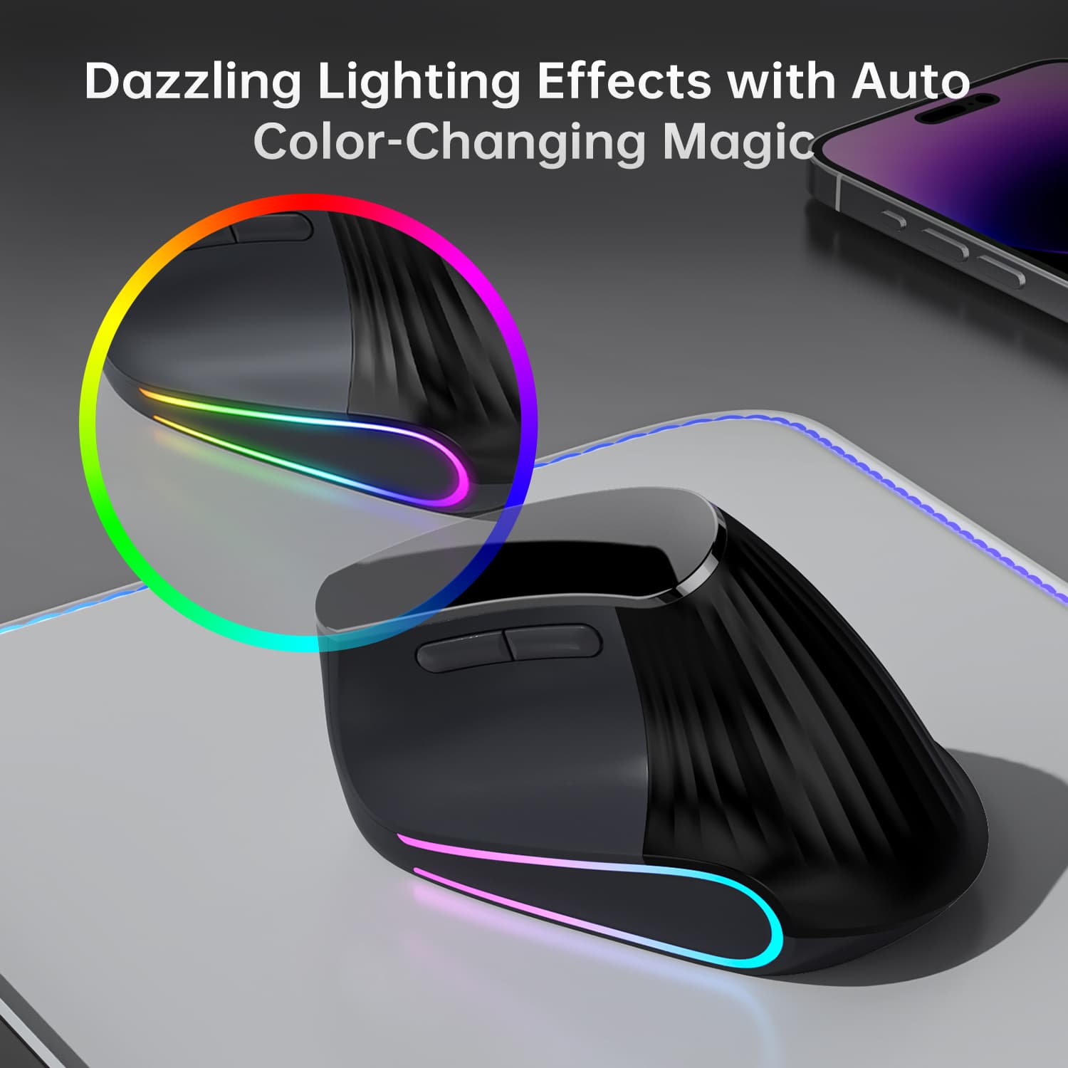 JOMAA Mouse Vertical Ergonômico Sem Fio Bluetooth e 2.4G, Roda de Velocidade 4800 DPI, Mouse Silencioso com Luz de Fundo