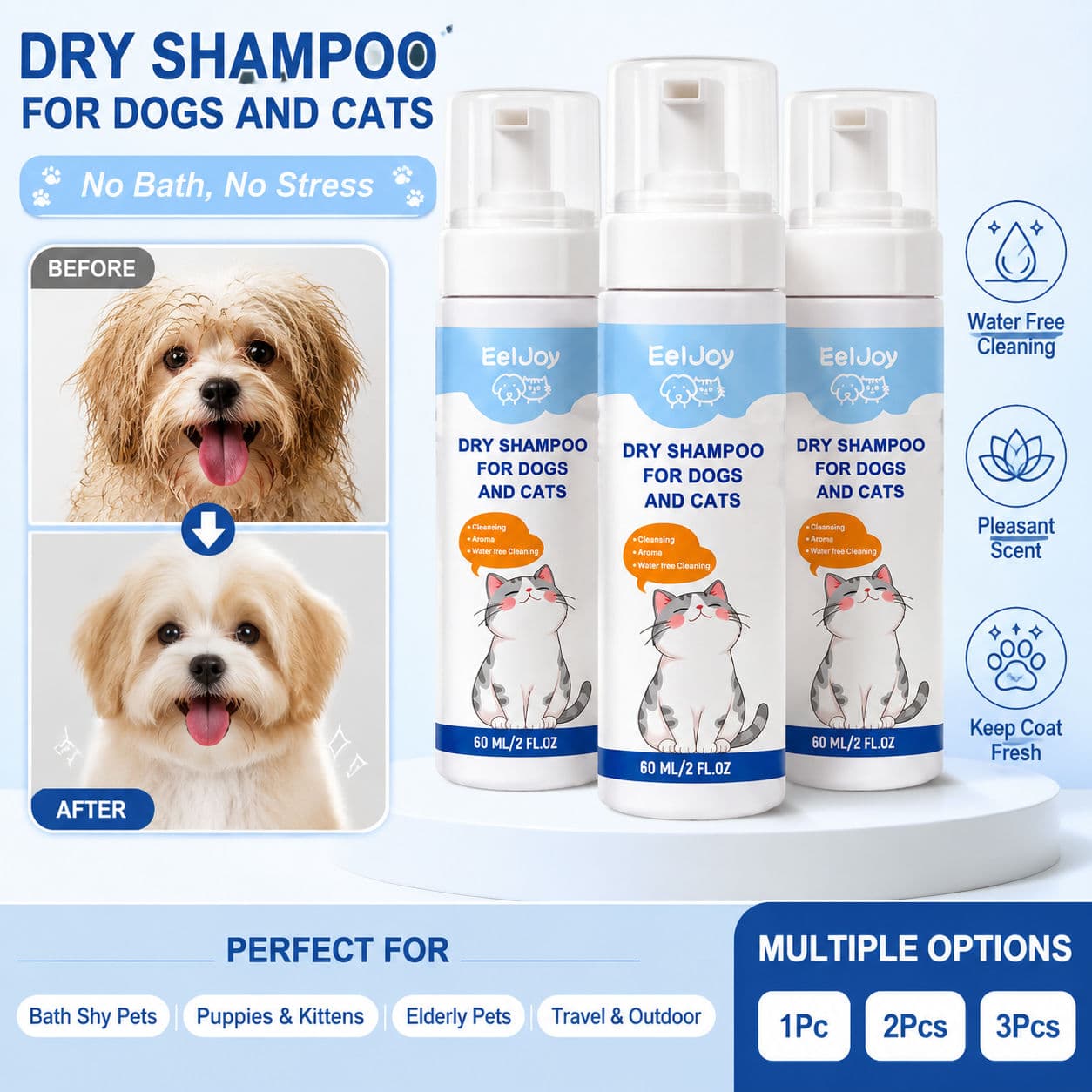 Shampoo em espuma para animais de estimação sem enxágue – Aloe & Coco – 60 ml