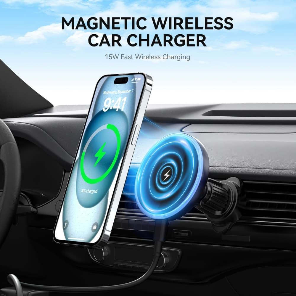 Carregador de Carro Sem Fio, Suporte Magnético para Celular, Rotação 360° para Saída de Ar para iPhone 17 16 15 Pro Max