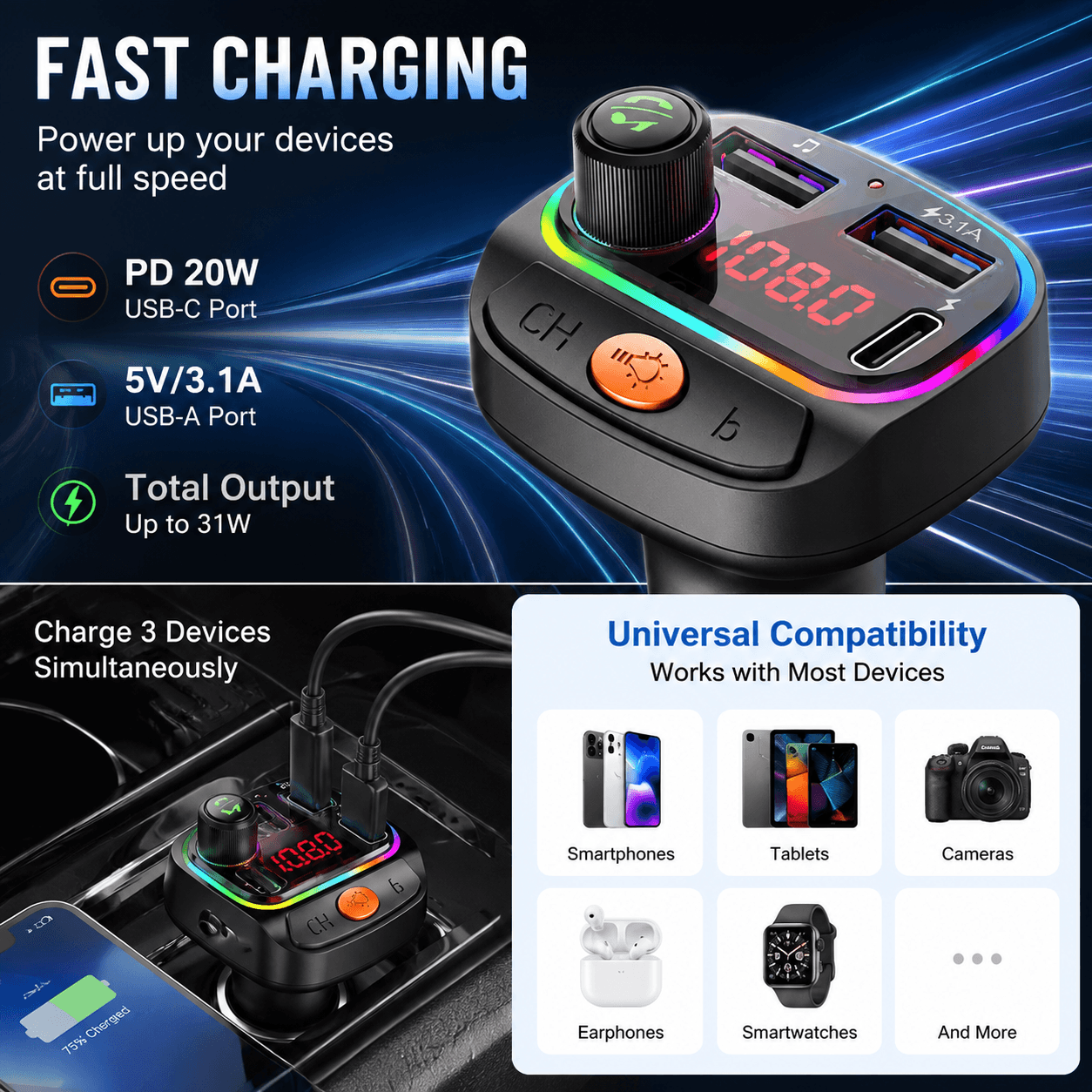 Transmissor Bluetooth FM Carregador Veicular 20W PD USB-C Carregador Rápido Rádio Carro com Microfone para Chamadas Mãos