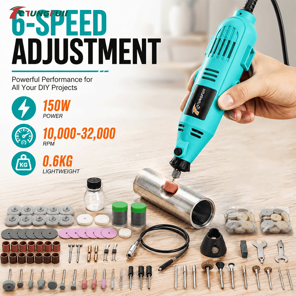 Kit de ferramentas rotativas completo Tungfull 150W com 6 velocidades, 8000-32000 RPM, acessórios completos de moagem