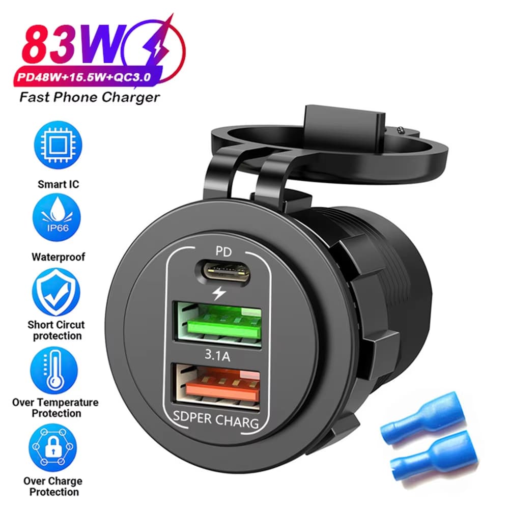 Carregador de Carro 3 em 1 12-24v com Carregamento Rápido Qc3.0, Dual Usb + Carregador Pd, Soquete de Energia À prova