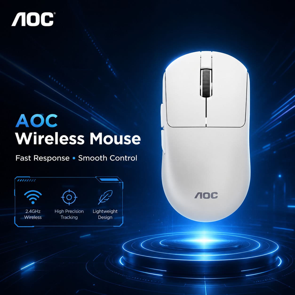 Mouse Sem Fio AOC MS225 2.4G Conexão Estável Suporte Ergonômico para a Palma 6 Botões Lateral para Virar Páginas Mouse