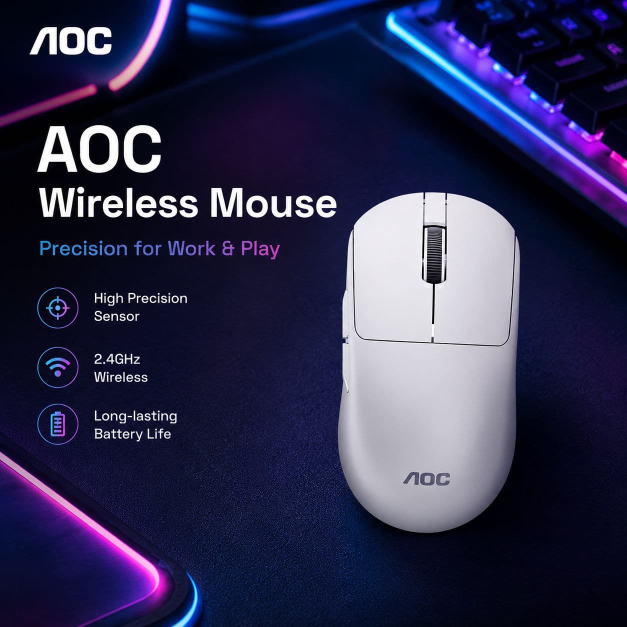 AOC MS225 Mouse Óptico Sem Fio 2.4G, Ergonômico, Conforto Diário, Rola de Rolagem Ágil, Botões Laterais, Leve e Sem Cabo