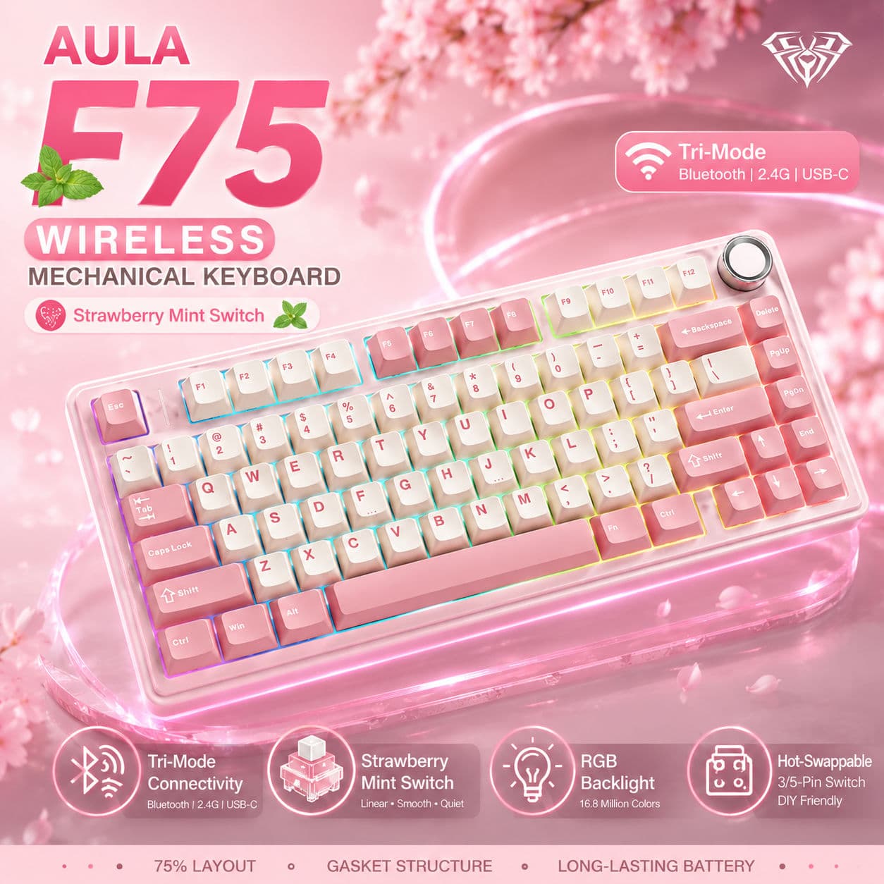 Teclados AULA F75 Sem Fio Mecânico Bluetooth 5.0 2.4G Com Fio Gasket Troca a Quente RGB PBT Teclas 75% Teclado Gamer