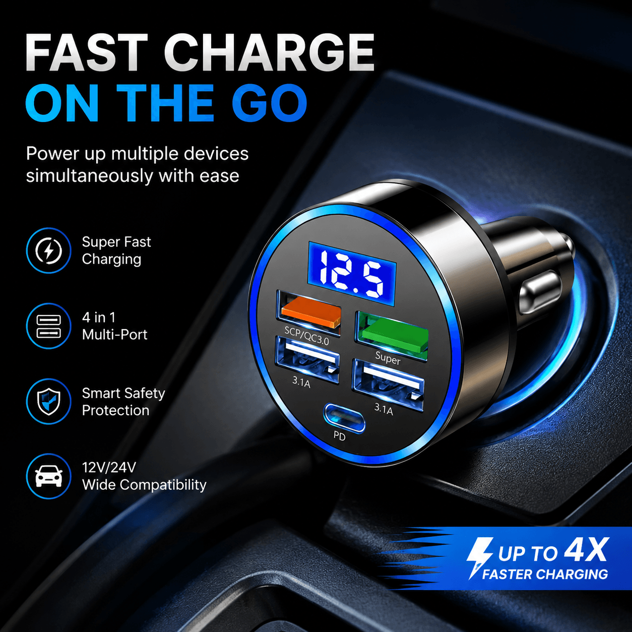 2026 Carregador Veicular 4USB QC3.0 PD Tipo-C com Display Digital, Carregador Veicular 3.1A com Detecção de Tensão,