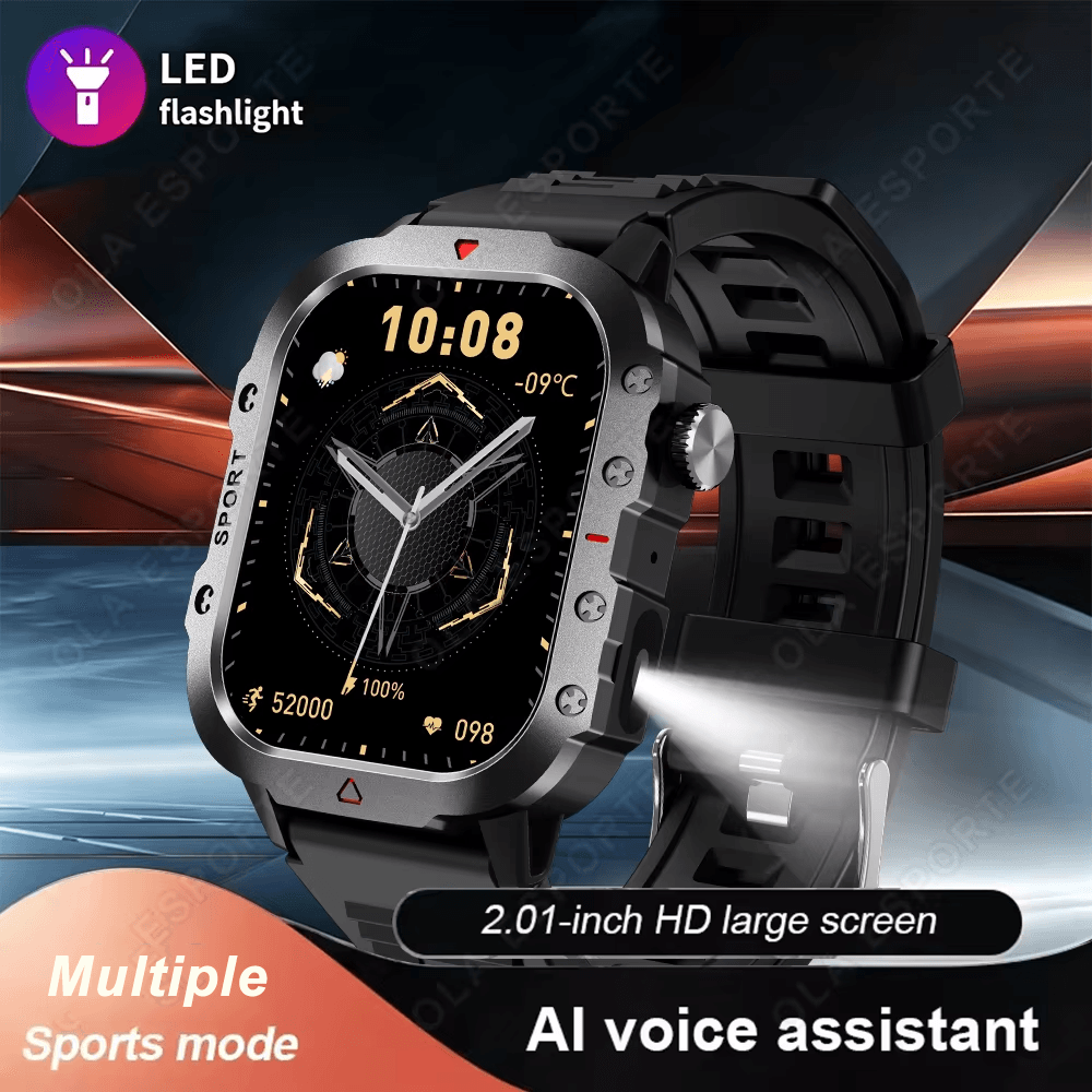 Novo Relógio Inteligente com Lanterna LED, Relógio Esportivo 2.01'' com Tela de Monitoramento de Saúde, Smartwatch à