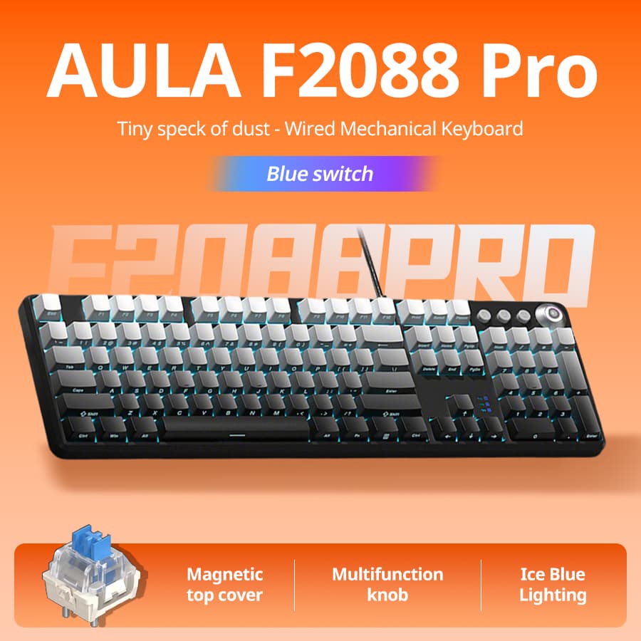 Teclado de Jogos AULA F2088Pro, 108 teclas, interruptor azul, teclas gradientes com impressão lateral, teclado mecânico