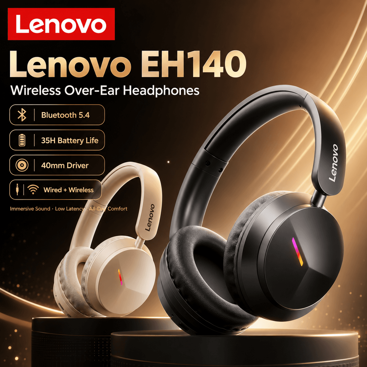 Fone de Ouvido Gamer Lenovo EH140, Fone de Ouvido Bluetooth, Fones de Ouvido Sem Fio com Microfone, Cancelamento de