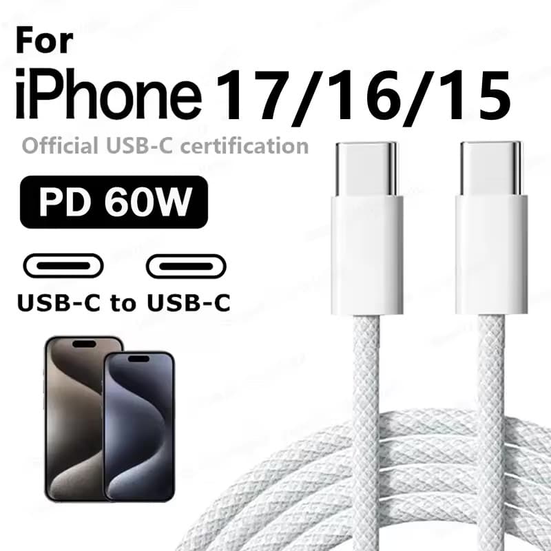  Cabo Carregador Rápido USB-C para USB-C 60W PD para Apple iPhone 17 16 Pro Max 15 Plus Tipo C Carregamento Rápido para