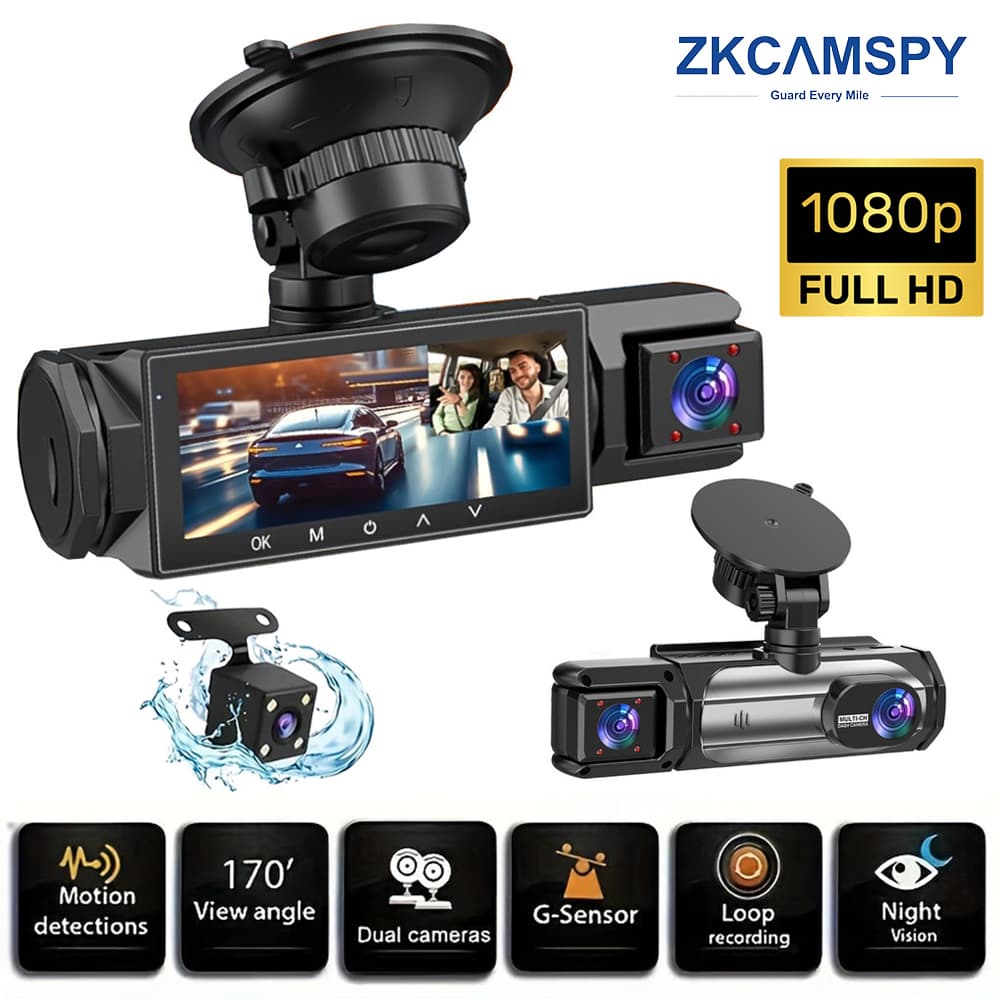 Câmera Tripla Dash Cam Frontal Traseira Monitor DVR Para Carro 1080P
