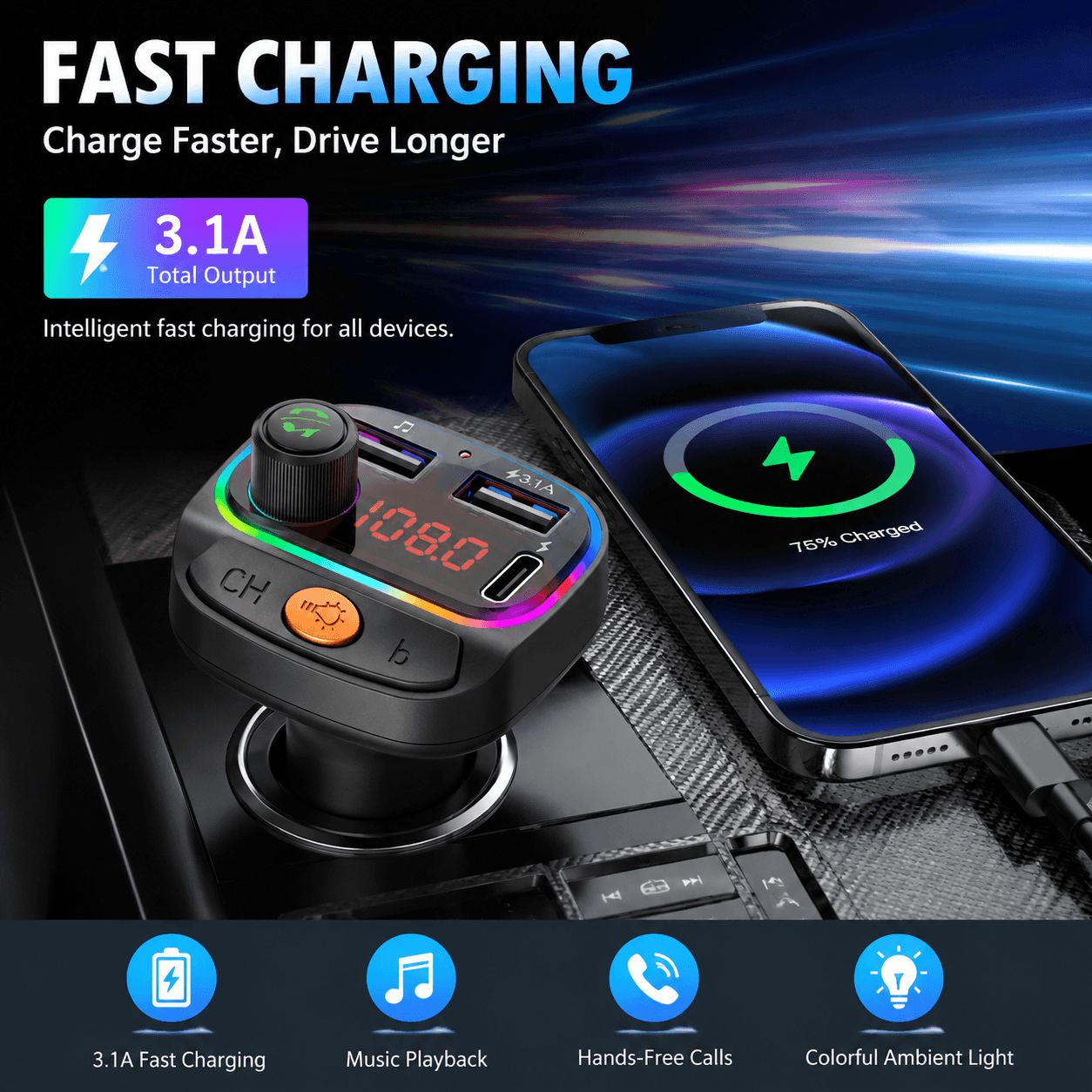 Carregador Veicular Bluetooth 5.4 Transmissor FM PD Tipo-C Duplo USB Player Ambiente MP3 Carregador Tipo-C Sem Fio Luz