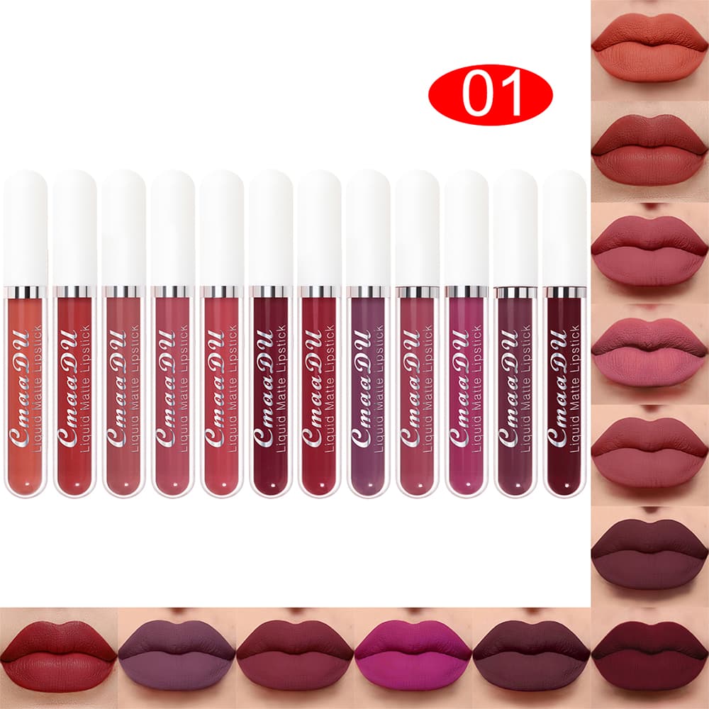 Conjunto de Batom Líquido Matte CmaaDU 12 Cores, Tinta Labial de Longa Duração à Prova d'Água, Batom de Veludo Não Gruda