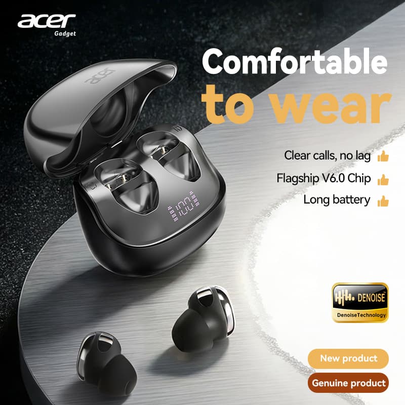 Fone de ouvido sem fio Acer OHR638 USB-C, fones Bluetooth com microfone, fone de ouvido com 2,6g ultra-leve, caixa