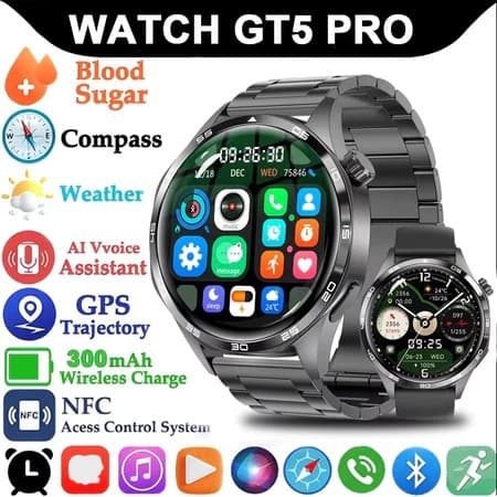 GT5 Pro Smartwatch com GPS, NFC e tela AMOLED. Relógio esportivo masculino, presente de Dia dos Pais.