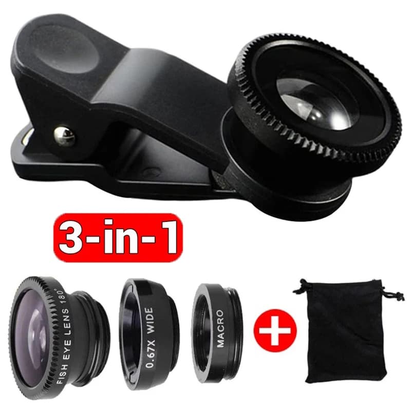 Lente de Câmera Micro 3 em 1 Grande Angular Fisheye para Iphone e Xiaomi Redmi com Clipes para Smartphone