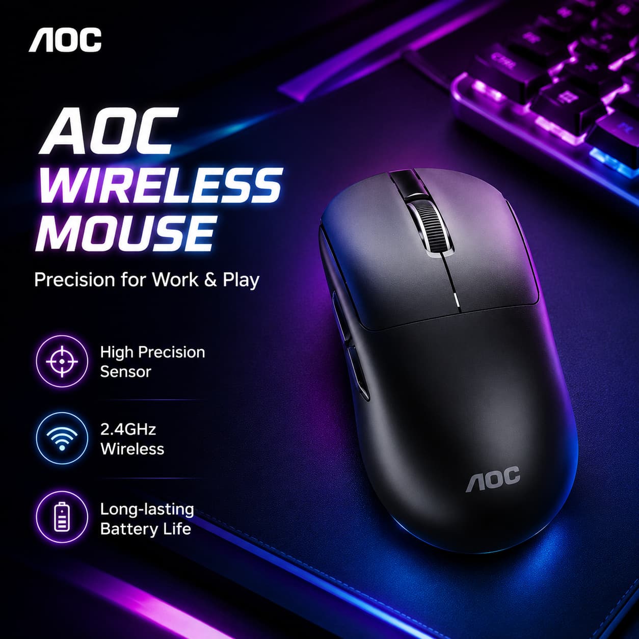 Mouse Ergonômico Sem Fio AOC MS225 – Instalação Limpa e Sem Cabos, Rolagem Precisa, 6 Botões de Função, Leve, USB, Para