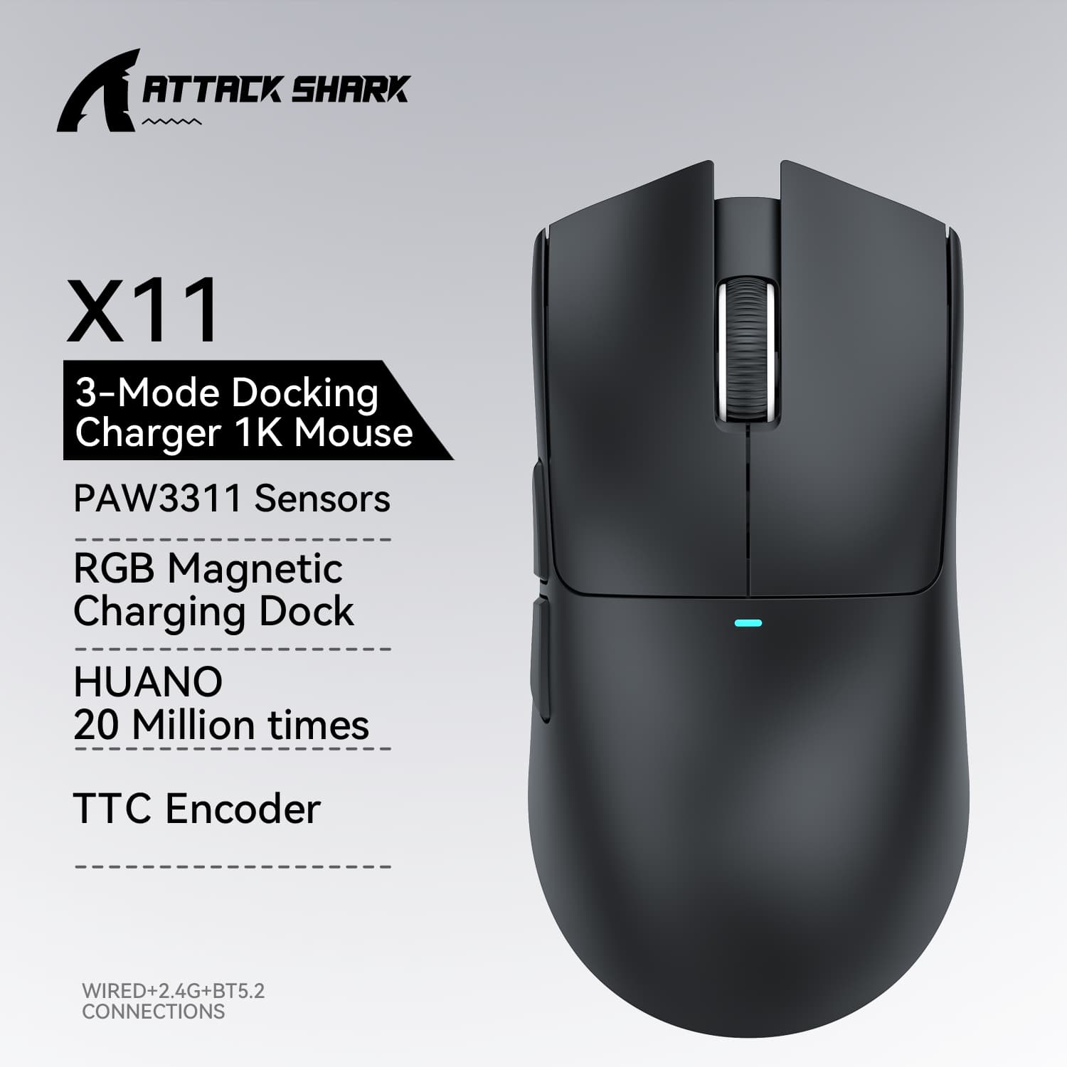 Ataque Tubarão X11 Mouse leve para e-sports com PAW3311, três modos sem fio (Bluetooth + 2,4G + com fio), bateria