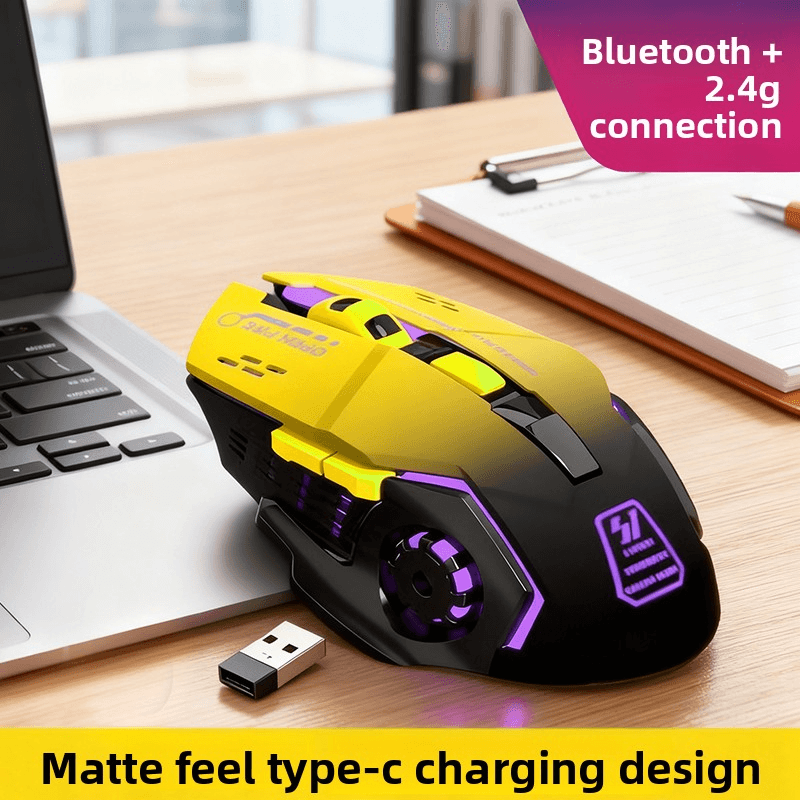Mouse gamer sem fio dual-mode amarelo e preto, modo duplo Bluetooth + 2.4G, mouse recarregável com conector tipo C,