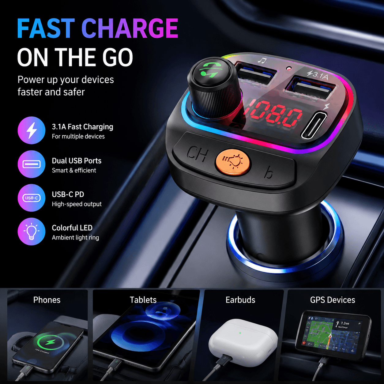Carregador Veicular Bluetooth 5.0 Transmissor FM PD Tipo-C Com Dupla Porta USB Player Ambiente MP3 Carregador Sem Fio