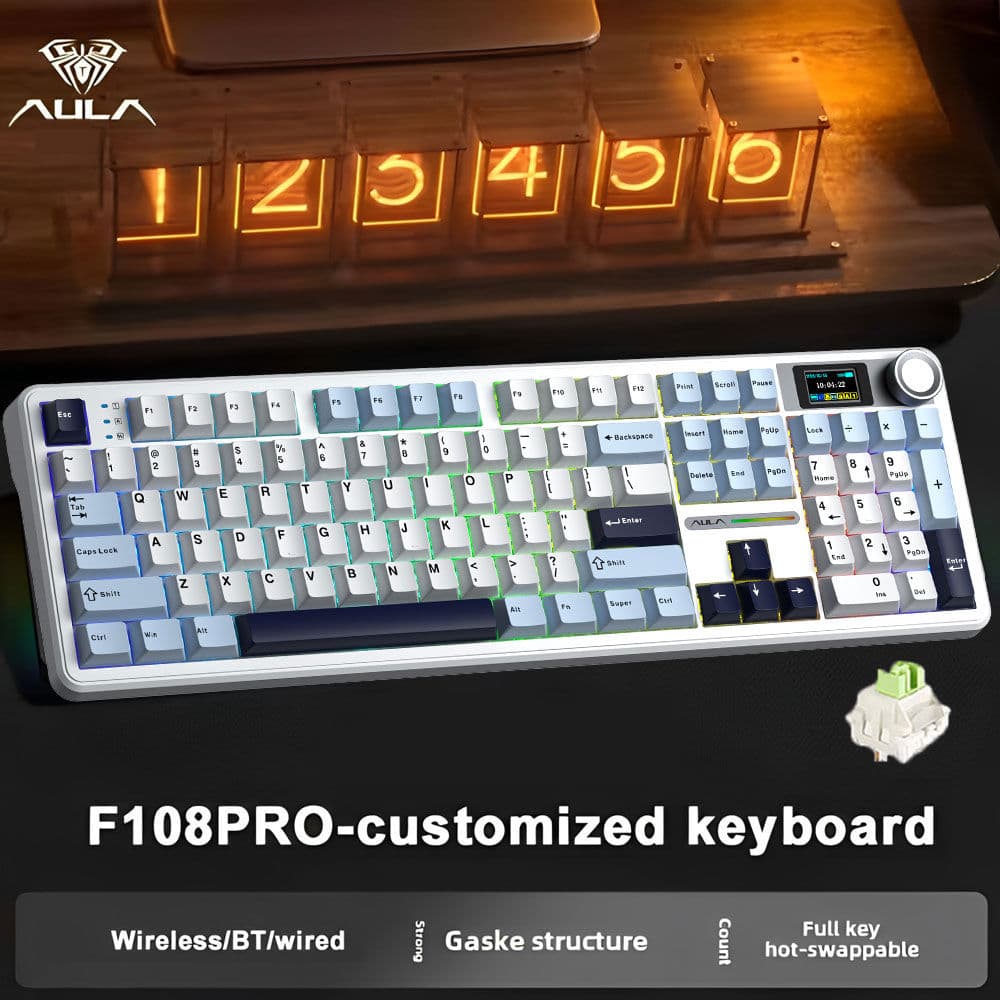 Teclado de Jogos Mecânico de Tamanho Completo AULA F108 Pro, Teclado Numérico Sem Fio de Três Modos, Tela LCD
