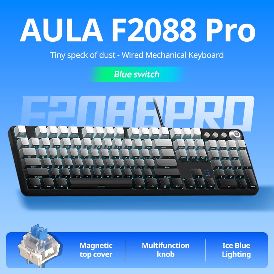 Teclado mecânico AULA F2088pro com 108 teclas e design gradiente impresso nas laterais, interruptores Blue, teclado