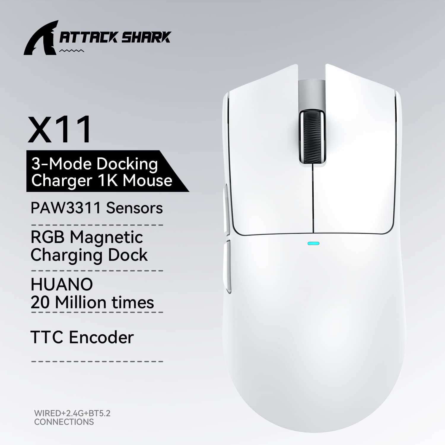 Mouse de Jogos para eSports Attack Shark X11 Leve com PAW3311, Mouse Sem Fio Tri-Mode com Bluetooth, Carregável e RGB,