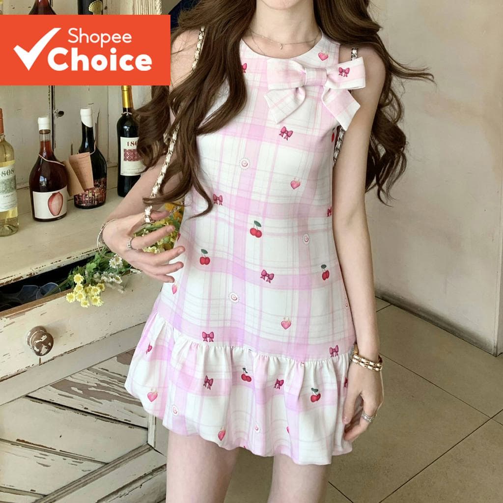  Lovito Vestido Feminino Fofo com Laço Vestido Primavera/Verão LK2AD443