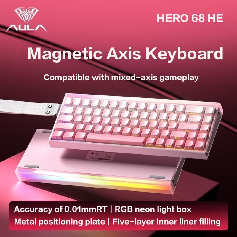Teclado Gamer Magnético com Fio AULA HERO68 HE, Hall Effect 68 teclas, Rapid Trigger Hot-Swappable RGB, Teclado Mecânico
