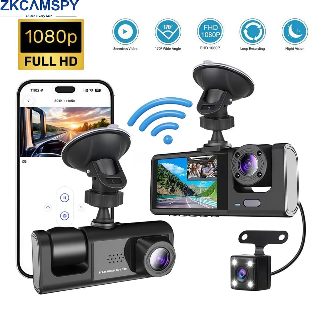 DVR de Carro WiFi com 2/3 lentes Câmera Veicular Dash Cam para Carros Gravador de Vídeo Frontal e Traseira com Visão
