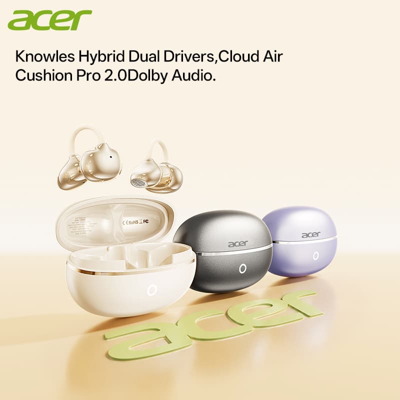 Fones de ouvido Acer OHR654, fones de ouvido Bluetooth sem fio OWS de ouvido aberto, 6.0, fones de ouvido com clipe, som