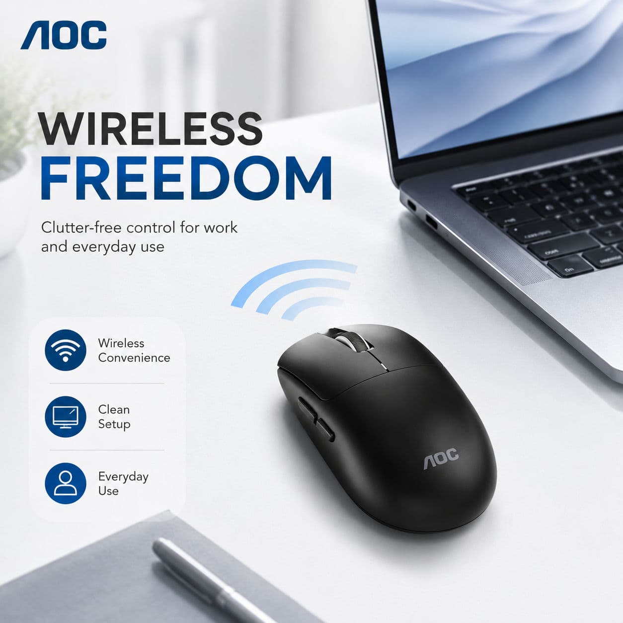 Mouse Óptico Sem Fio AOC MS225 2.4G Ergonômico Silencioso para Escritório com Botões Laterais, Rolagem Suave, Mouse