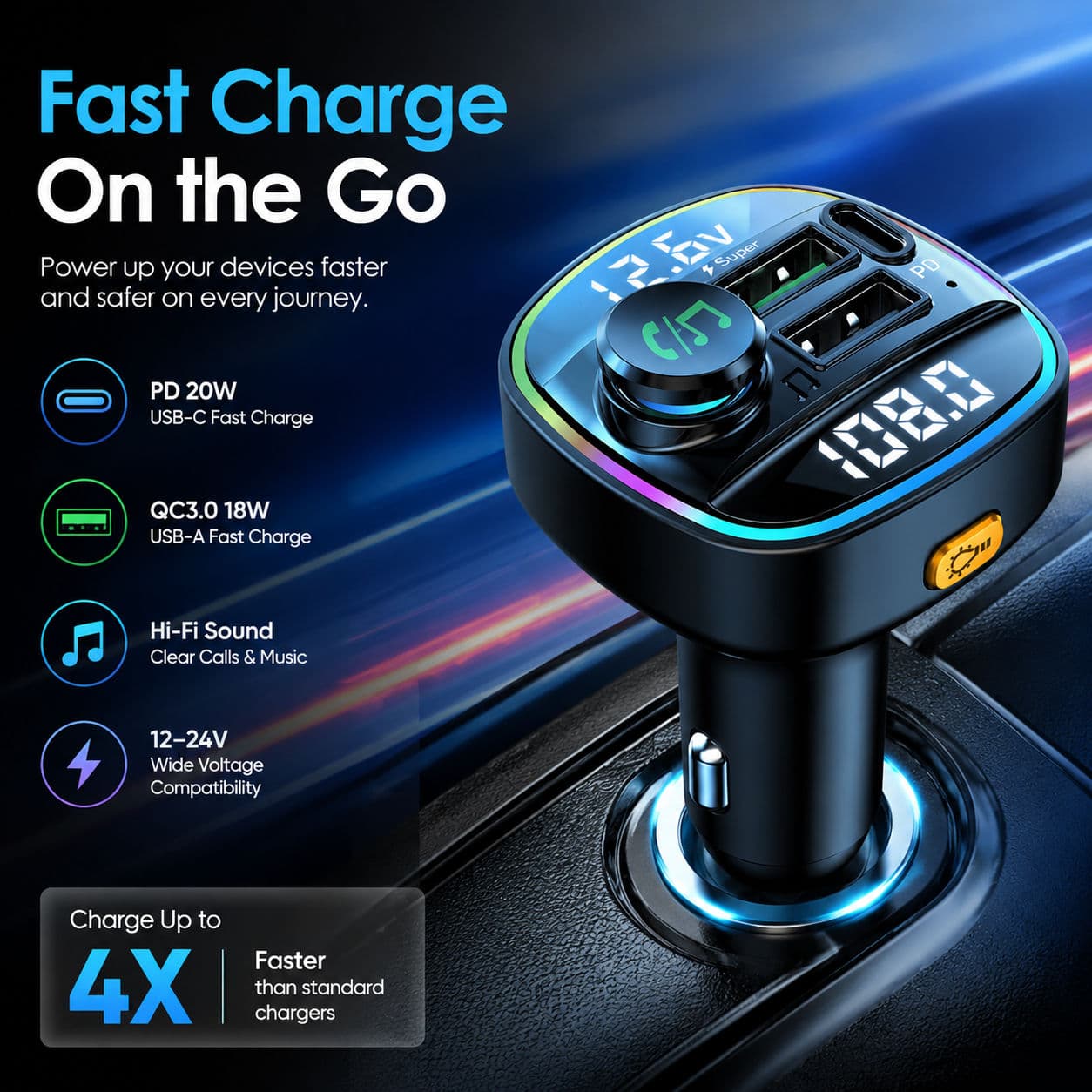 Carregador Veicular Rápido Sem Fio Reprodutor MP3 Chamada com Mãos Livres, Bluetooth 5.2, Adaptador Carregador Veicular